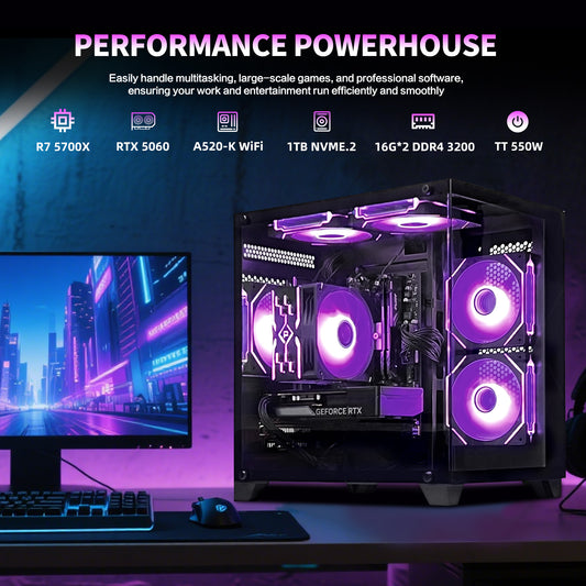 AOACE Gaming PC Desktop AMD Ryzen 7 5700X,RTX 5060 8G 32GB RAM and 1TB NVMe M.2 SSD, WiFi6E, ARGB Fan, Game Design Office console,Sea View Room Windows 11