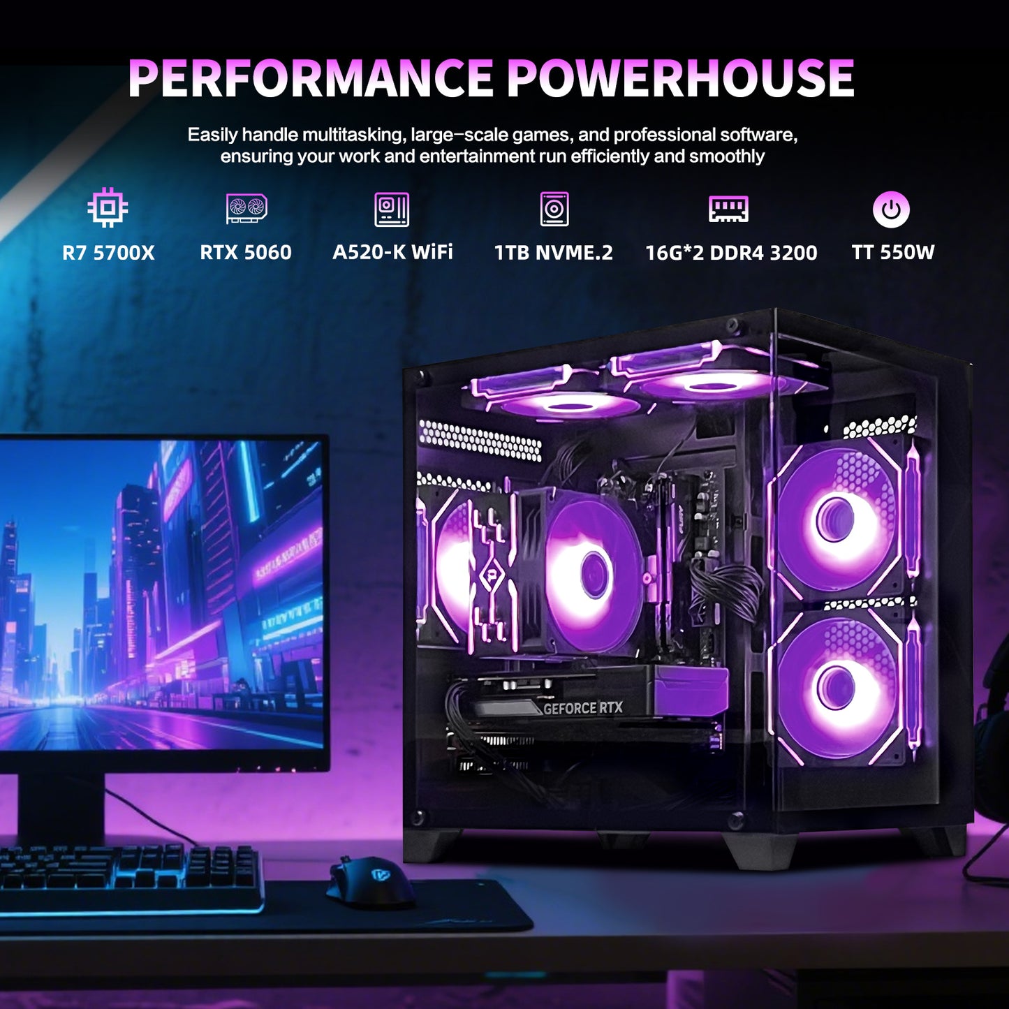 AOACE Gaming PC Desktop AMD Ryzen 7 5700X,RTX 5060 8G 32GB RAM and 1TB NVMe M.2 SSD, WiFi6E, ARGB Fan, Game Design Office console,Sea View Room Windows 11