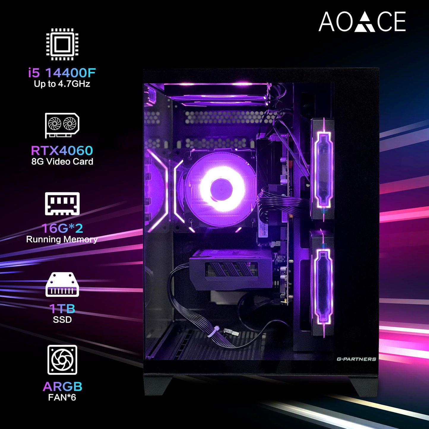 AOACE Gaming PC Desktop INTEL Core i5 14400F, NVIDIA RTX 4060 8G DLSS 3, 32GB DDR4 RAM 3200MHz,1TB NVMe PCIe4.0, Wi-Fi6E, Game Design Office console,Sea View Room