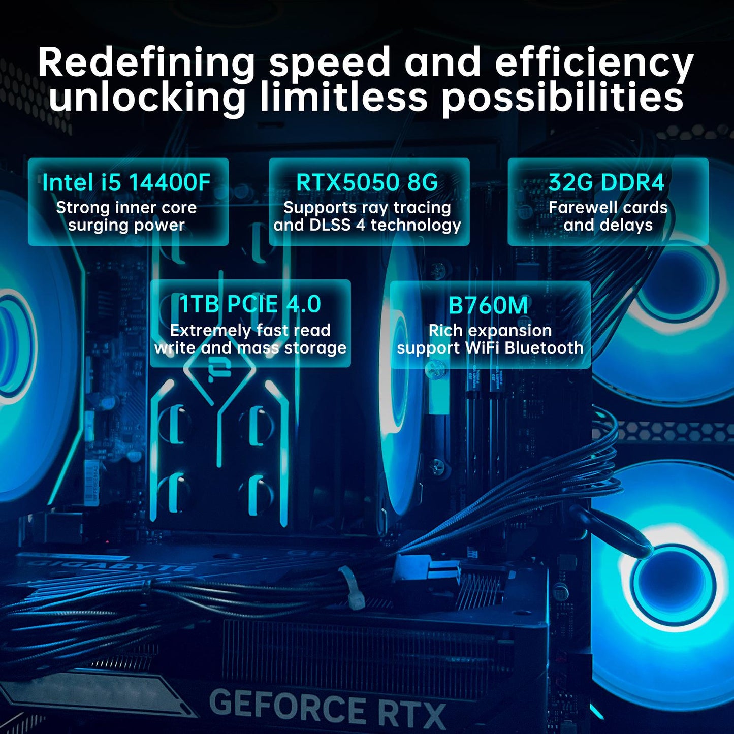 AOACE Gaming PC Desktop INTEL Core i5 14400F, NVIDIA RTX 5050 8G DLSS 4, 32GB DDR4 RAM 3200MHz,1TB NVMe PCIe4.0, Wi-Fi6E, Game Design Office console,Sea View Room